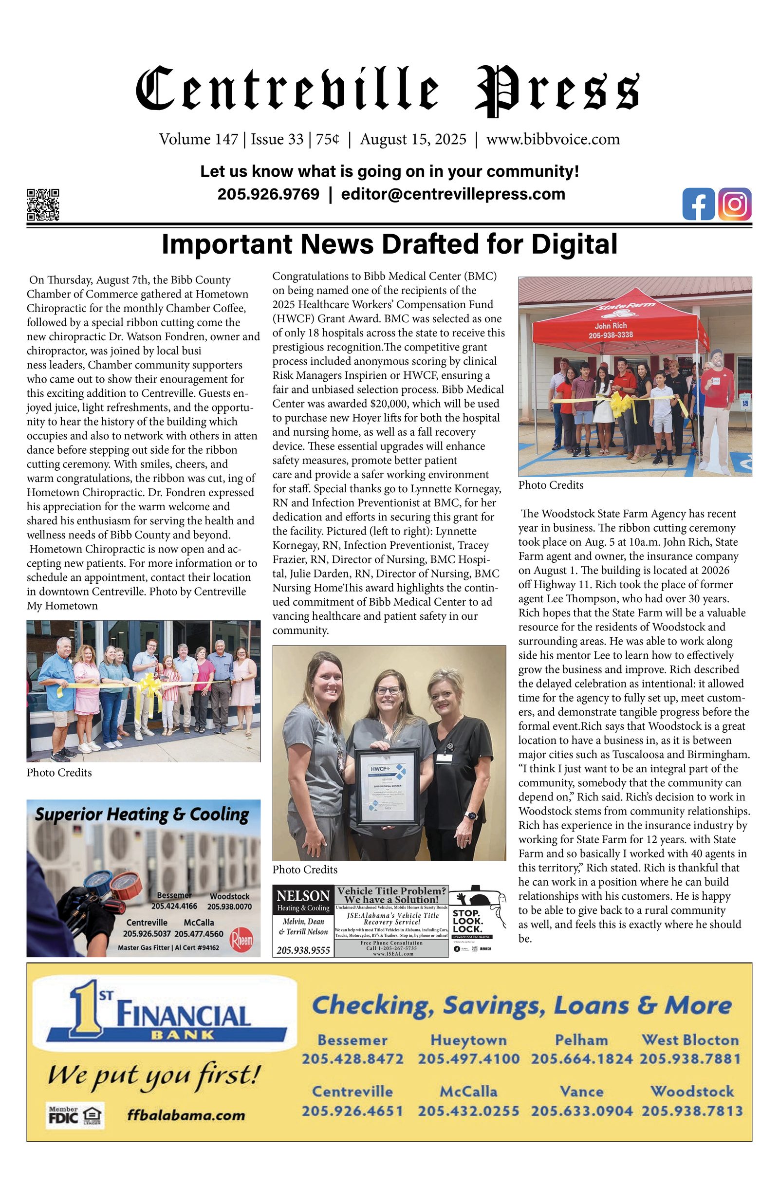 Front page layout of the Centreville Press weekly newspaper