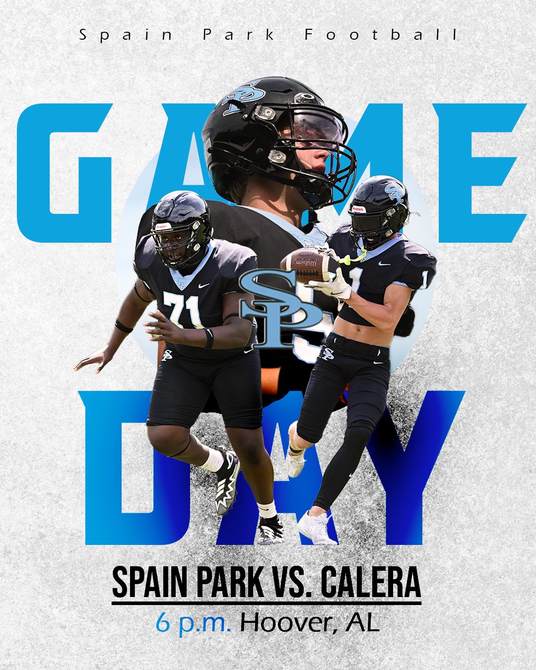 Game day graphic for a Spain Park versus Calera high school football game