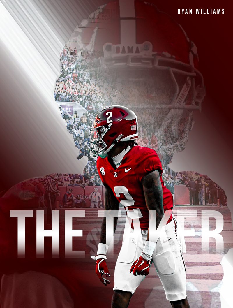 Player feature graphic reading The Taker over a cut out of a football player