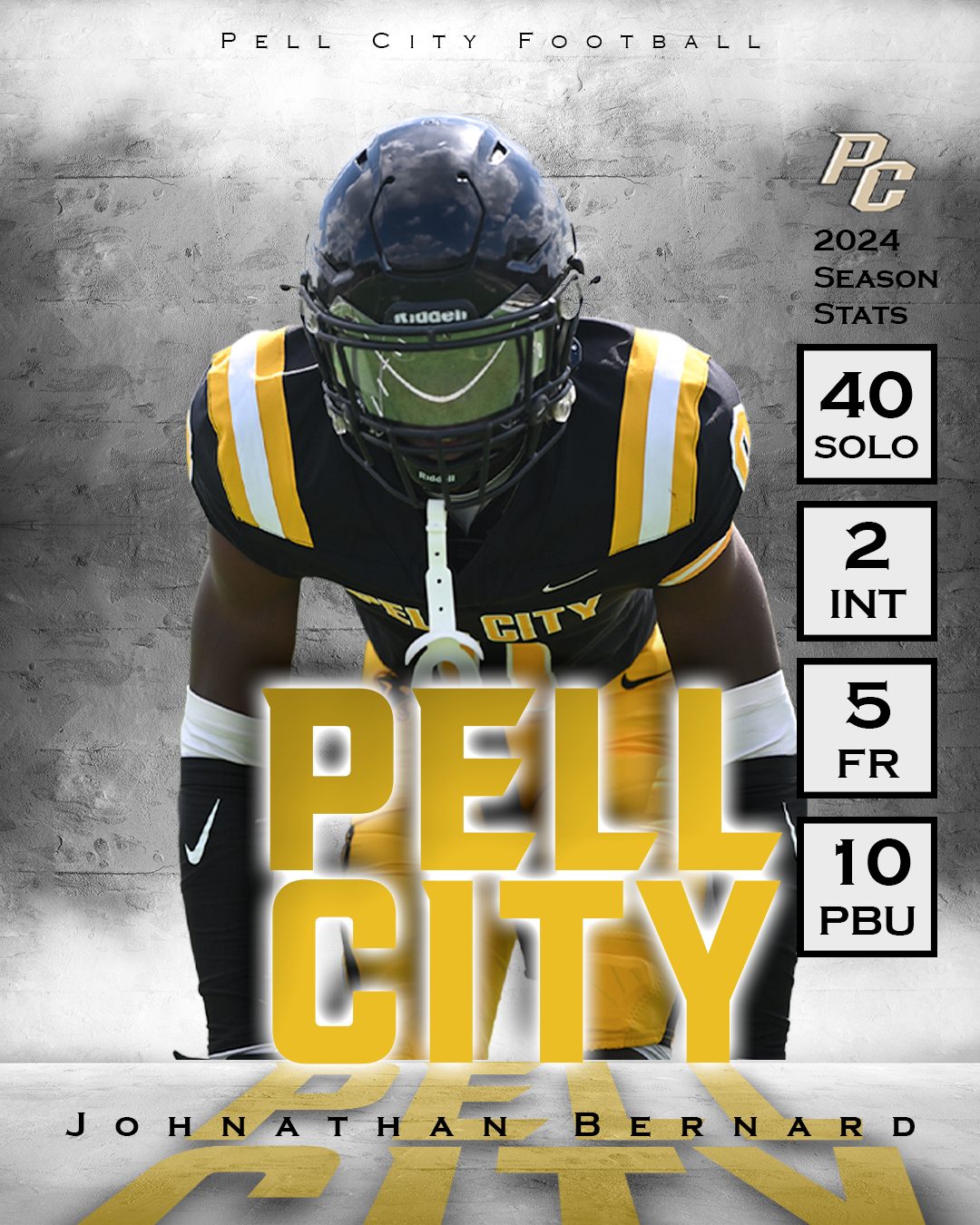 Season stats graphic for a Pell City football player in black and gold