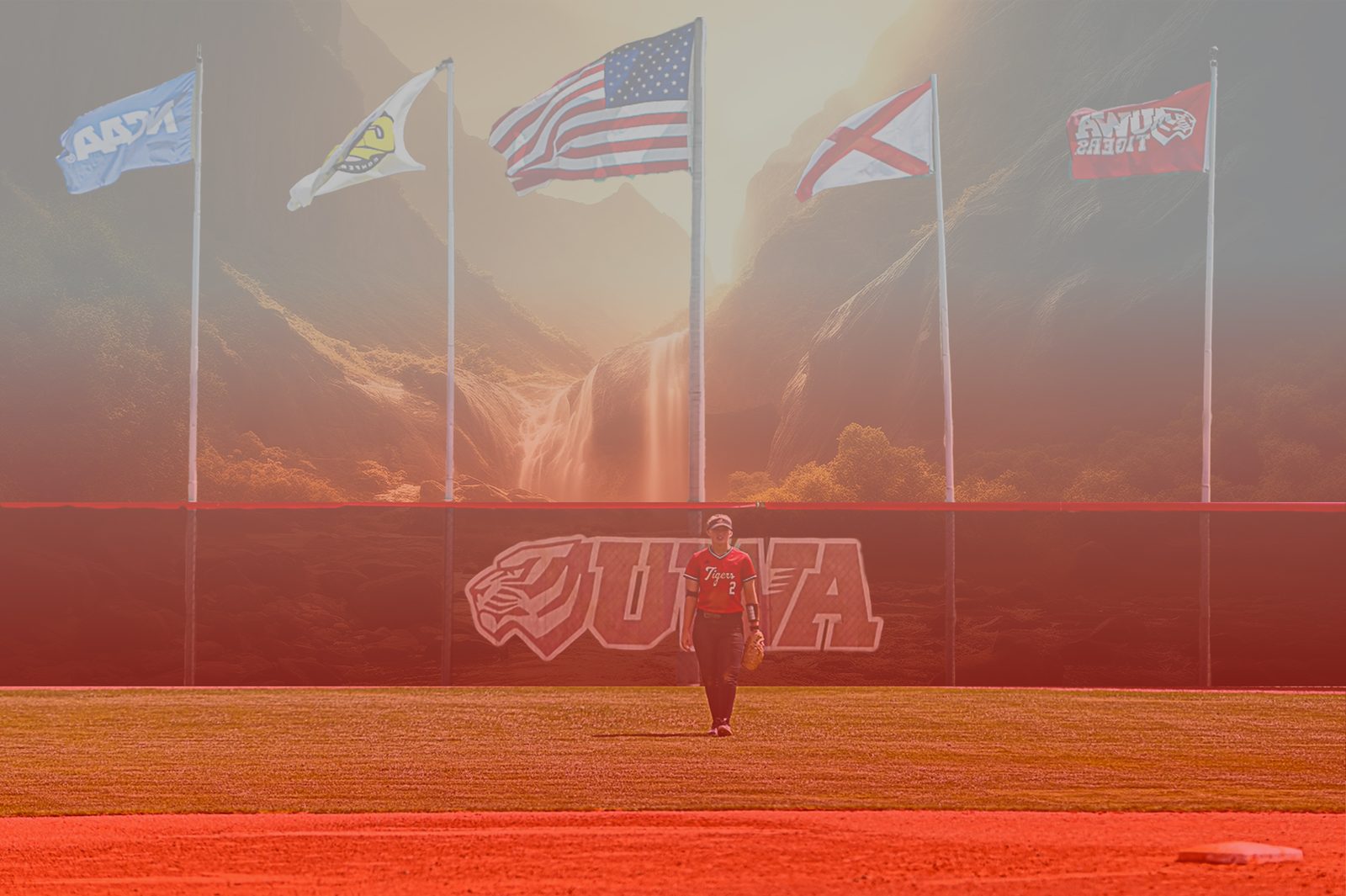 Softball series graphic built on a red and white West Alabama pattern
