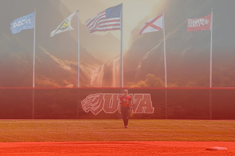 Softball series graphic built on a red and white West Alabama pattern