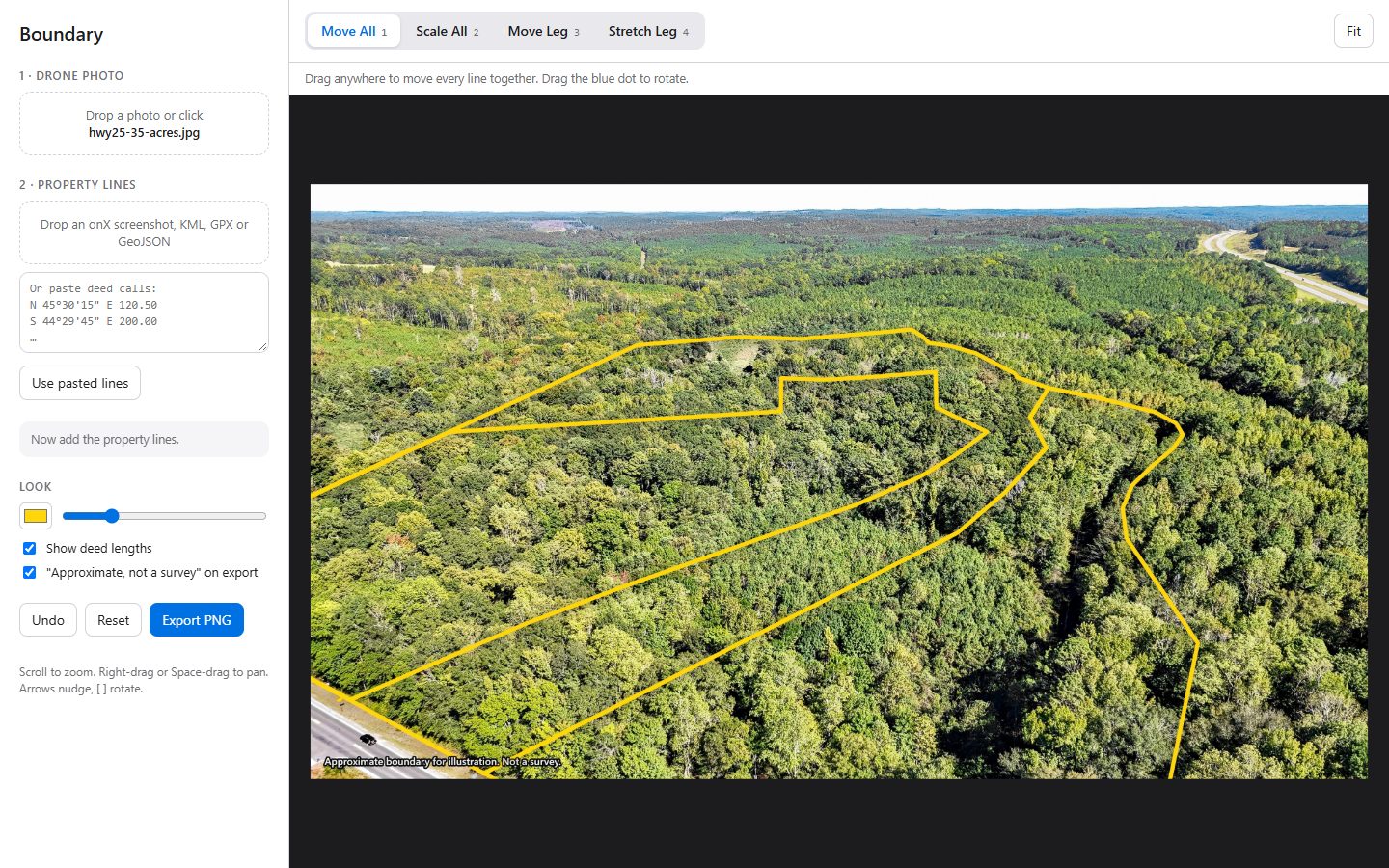 Screen of Boundary, a tool for drawing property lines on drone photos, showing wooded acreage with yellow lines