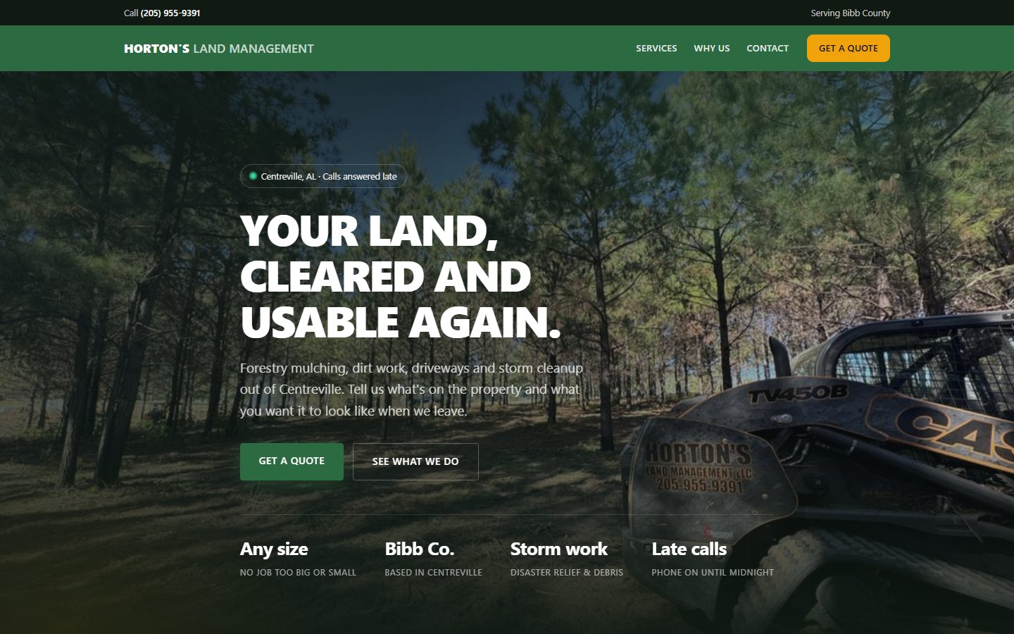 Home page of the Horton's Land Management website with a mulching machine in the pines and a get a quote button